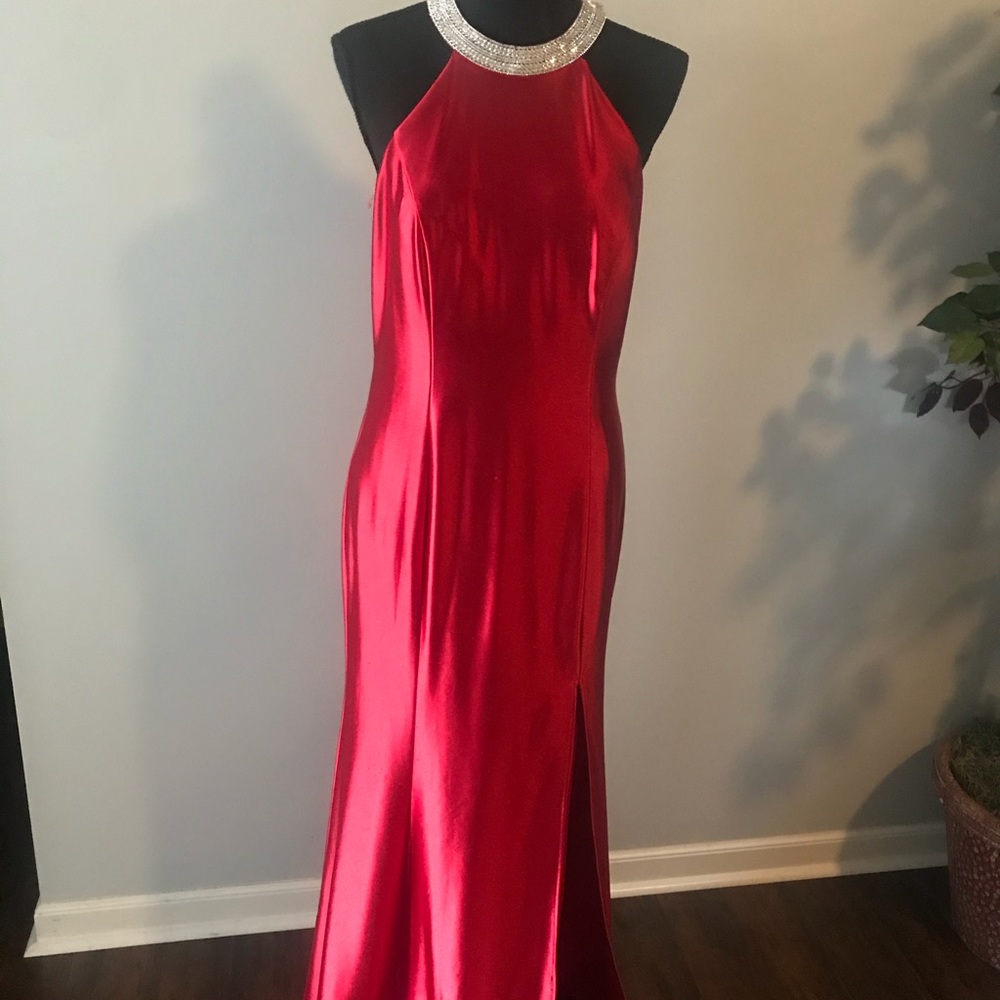 Stunning Red Long Dress with Silver Beaded Collar
